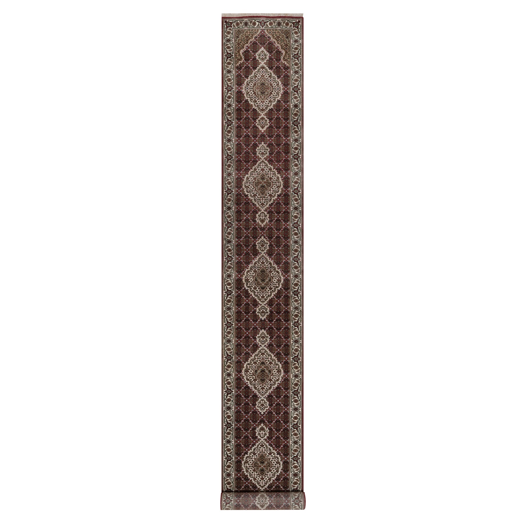 Rhubarb Red, Tabriz Mahi with Fish Medallions Design, 100% Wool, Hand Knotted, 175 KPSI, XL Runner, Oriental Rug